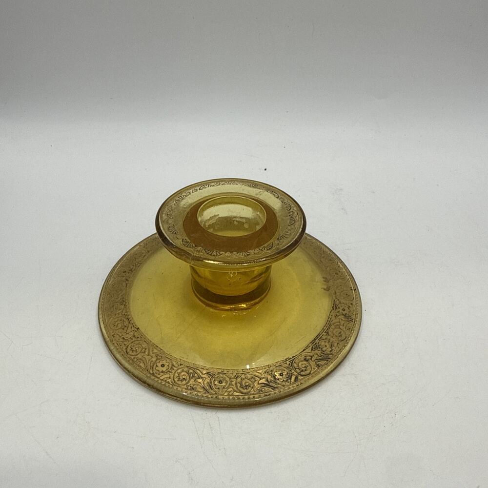 Vintage Amber Glass Candle Holder Ornate Floral Scroll Taper Chamberstick *